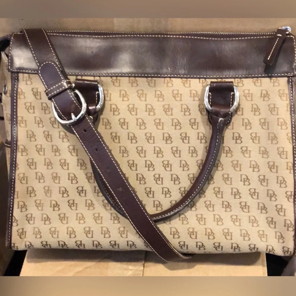 DOONEY BOURKE Signature Logo Canvas & Brown Leather Briefcase Messenger Bag